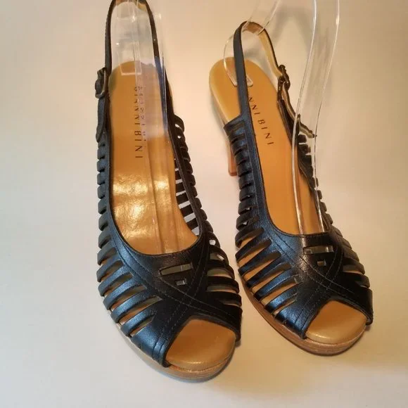 GIANNI BINI 9 1/2 MEDIUM OPEN TOE SLING BACK BLACK SANDAL FW-0005 - Picture 3 of 10